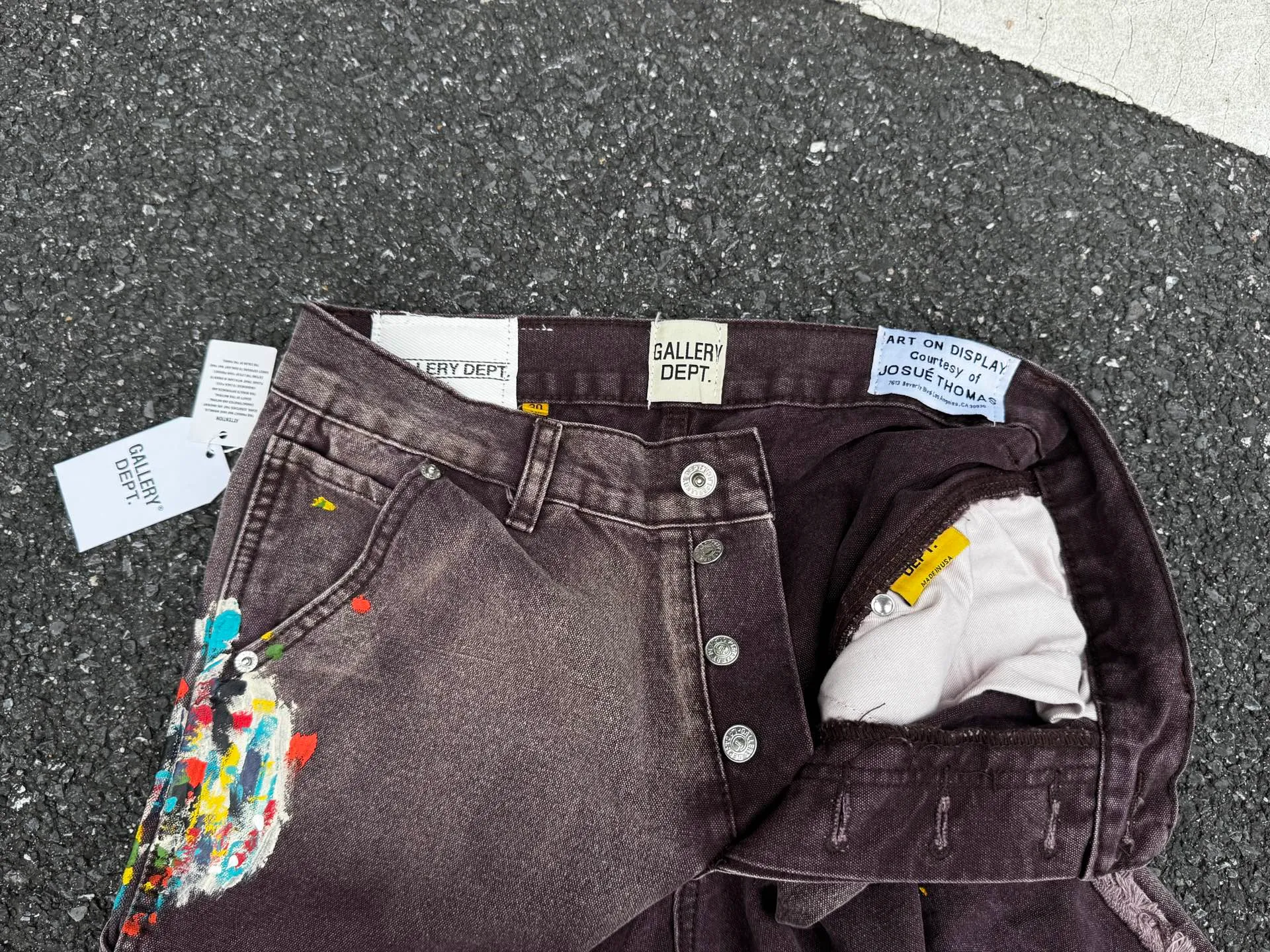 P250 (G95 black) (G90 burgundy) (G94 blue) (G91 khaki) GALLERY DEPT. Spliced ​​patchwork splash-ink denim flared pants washed and distressed spliced ​​jeans logging micro-flared jeans men and women same style Code number: 28 30 32 34 36